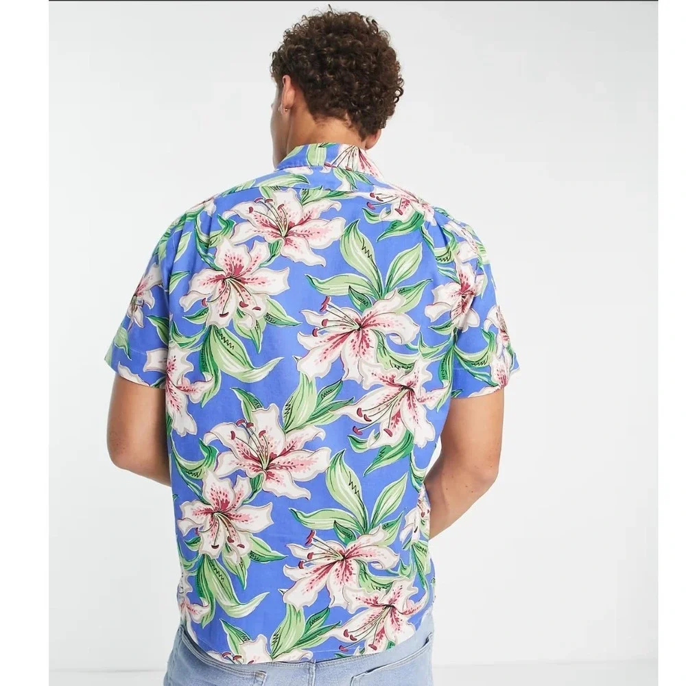 Polo Ralph Lauren Camp Short Sleeve Shirt Blue Floral Lily Cotton Men's Small